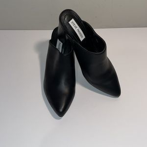 Steve Madden black leather mules with 3” block heel, very sturdy.